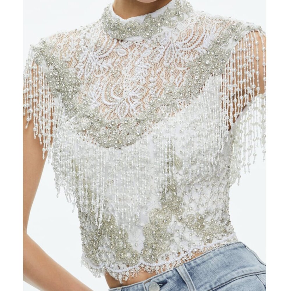 Alice + Olivia Pria Embellished Top in Off White, Size 0